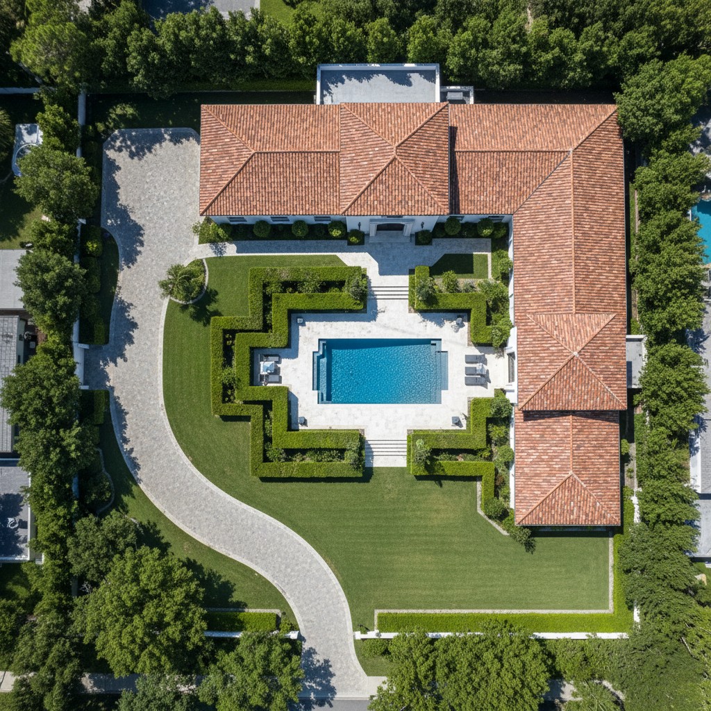 An aerial view of a large house, white in hues with multiple roofs of brown shingle adorned with lush surroundings and a large yard