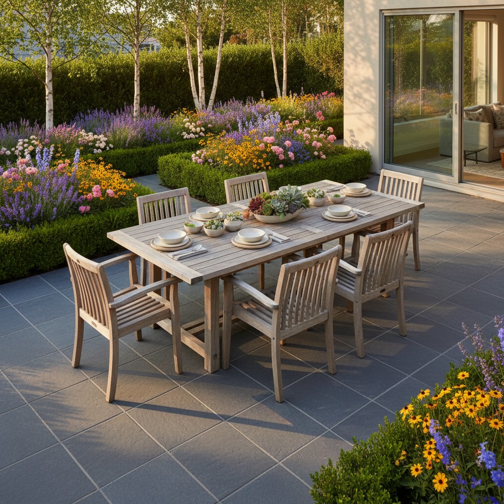 An image of a backyard patio featuring a wooden table with gathering places and a sliding glass door.