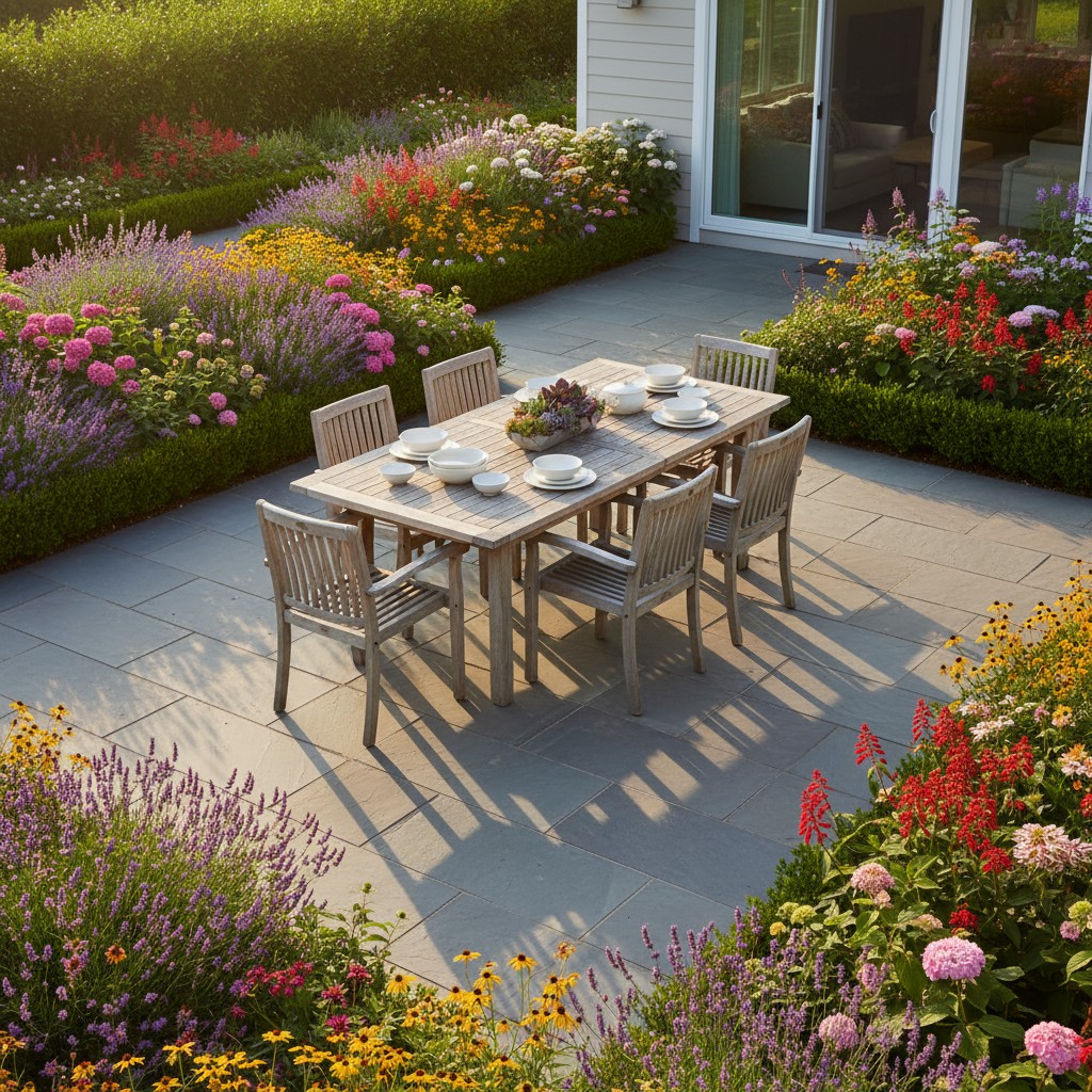 A picturesque garden setting, complete with a dining table and chairs, surrounded by a diverse array of colorful flowers a...