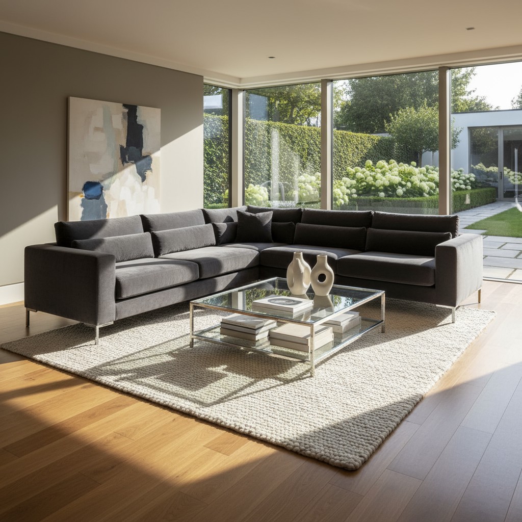 A modern and inviting living room with a spacious grey sectional sofa, adorned with a white chunky rug and a glass and chr...