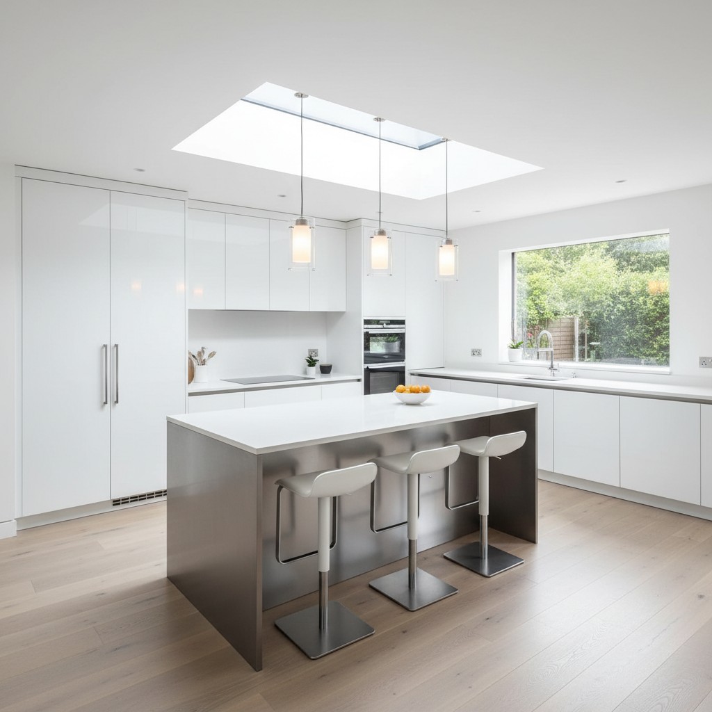 A modern, minimalist kitchen with white cabinets, a central island, and a large window.