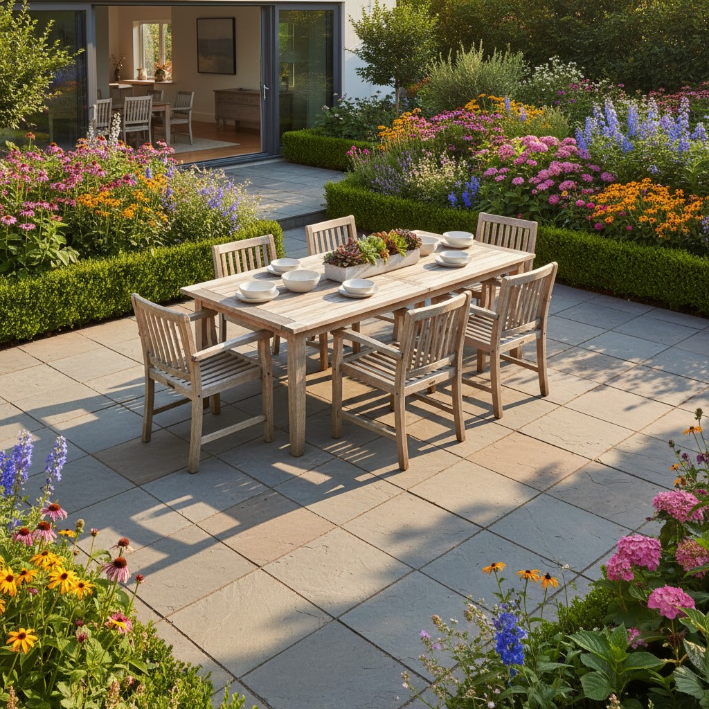 An outdoor dining table on a stone patio in a beautiful garden setting with flowering plants and bushes.